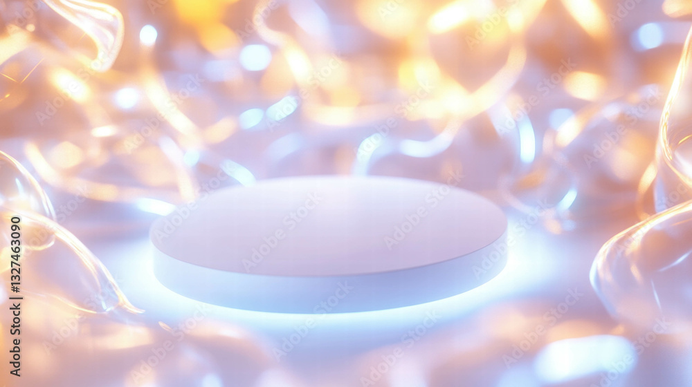 Poster illuminated white circular podium with abstract glowing background for modern design
