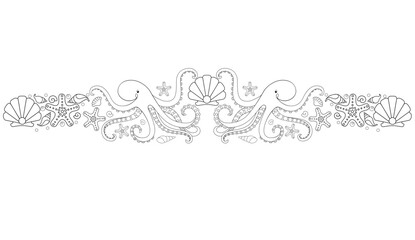 Symmetrical vector sea coloring antistress with octopuses, shells, mollusks, starfish and a scallop shell with a large pearl. Vector linear picture with the inhabitants of the ocean. Outline.	