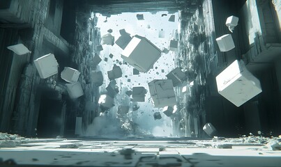 Floating cubic shapes cascading through a large architectural corridor