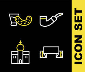 Set line Smoking pipe, Embroidered towel, Church building and Glass with vodka icon. Vector