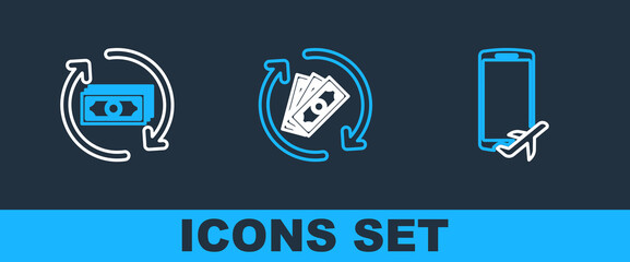 Set line Flight mode in the mobile, Refund money and icon. Vector