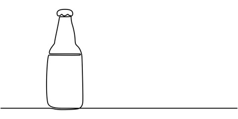 Continuous one line drawing of beer bottle. One line drawing illustration of beer bottle. International beer day concept line art. Editable outline, Continuous one line drawing of champagne bottle.
