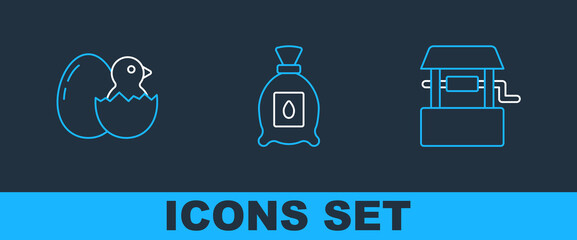 Set line Well, Little chick in cracked egg and Pack full of seeds of plant icon. Vector © vector_v