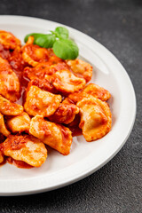 Ravioli tomato sauce delicious gourmet food background on the table rustic food top view copy space