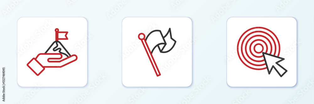 Poster set line target with arrow, mountains flag and flag icon. vector