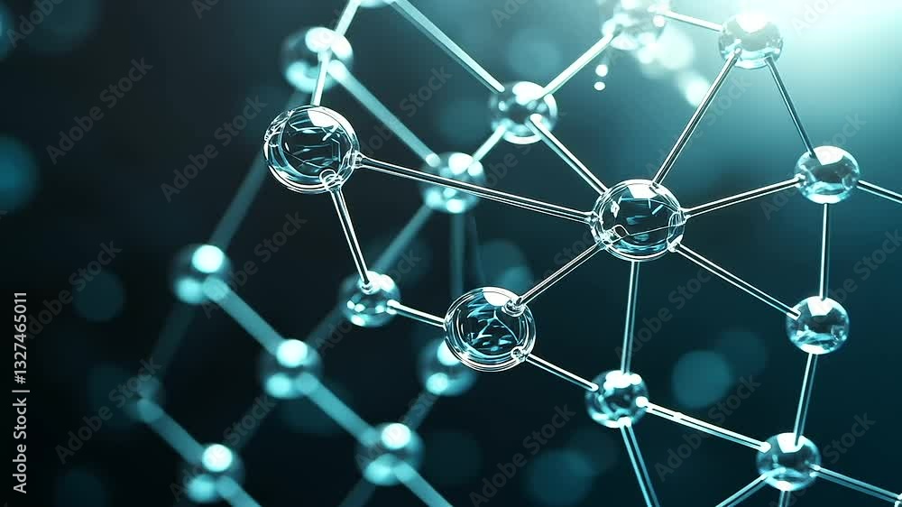 Poster close-up of a d molecular model with glowing transparent atoms linked by thin rods, floating in a da