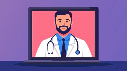 Fototapeta premium A cartoon representation of a doctor with a stethoscope, displayed on a laptop screen against a colorful background.
