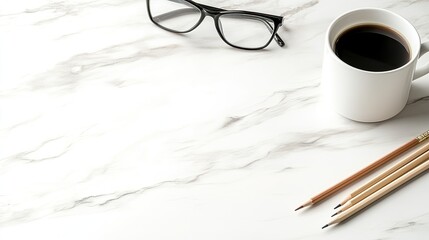 Bright and organized workspace showcasing a marble desk, computer monitor, and neatly arranged stationery with natural sunlight