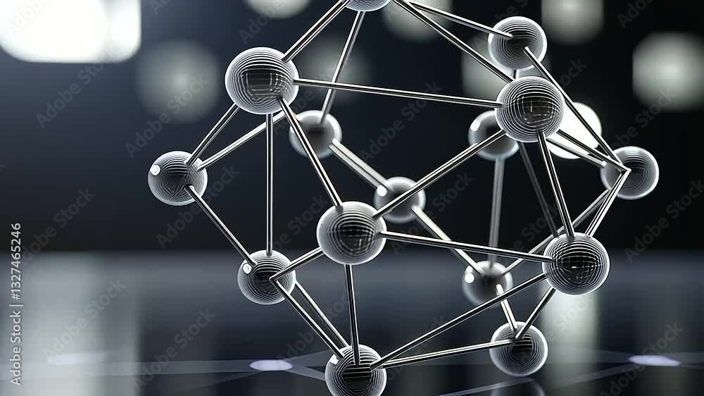 Poster a d-rendered molecular structure with transparent spheres connected by sleek metallic rods, illustra