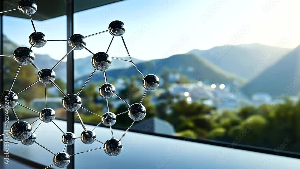 Poster a d-rendered molecular structure with transparent spheres connected by sleek metallic rods, illustra