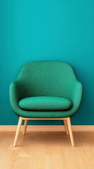 A vibrant green chair against a striking blue wall in a modern living room setting