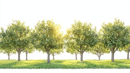 Obraz premium Realistic display of a row of trees in a sunny orchard isolated on a bright white background for scenic appreciation