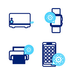 Set line Mobile Apps setting, Printer, Smartwatch and Toaster icon. Vector