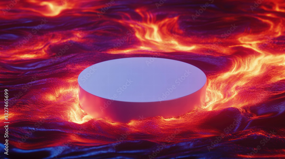 Poster futuristic circular podium on fiery abstract surface for modern design concepts