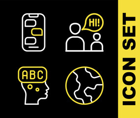 Set line Two sitting men talking, Earth globe, Learning foreign languages and New chat messages notification icon. Vector