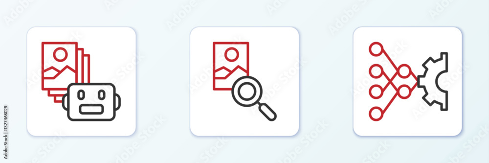 Poster set line neural network, artificial intelligence robot and photo retouching icon. vector