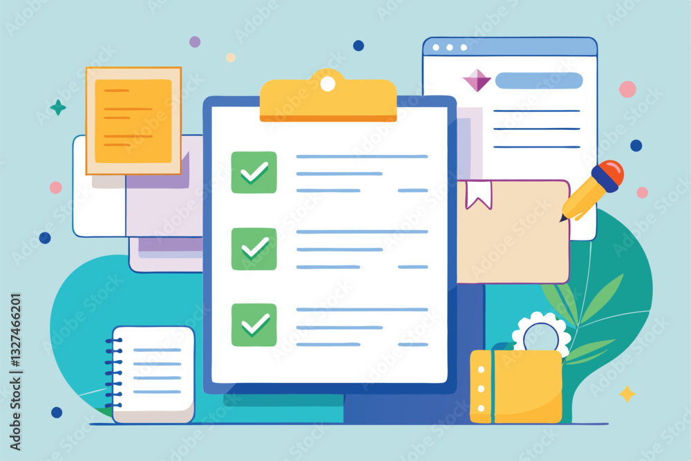 Poster A bright and organized template showcases reminders and to-do lists with checkmarks and notes, Template for memo messages, reminders and to do list,