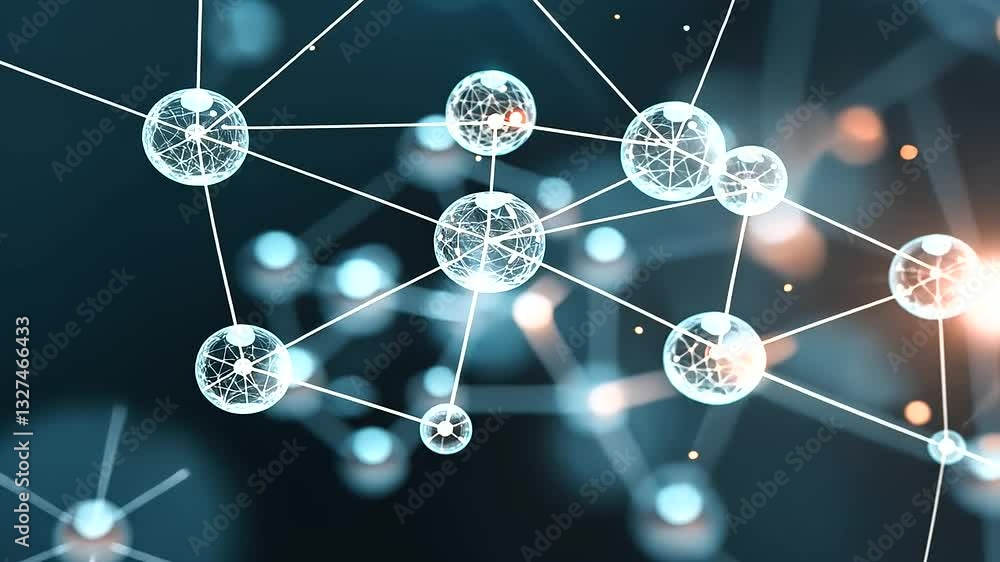 Poster a floating d molecule model with clear spherical atoms linked by smooth, metallic rods, glowing with