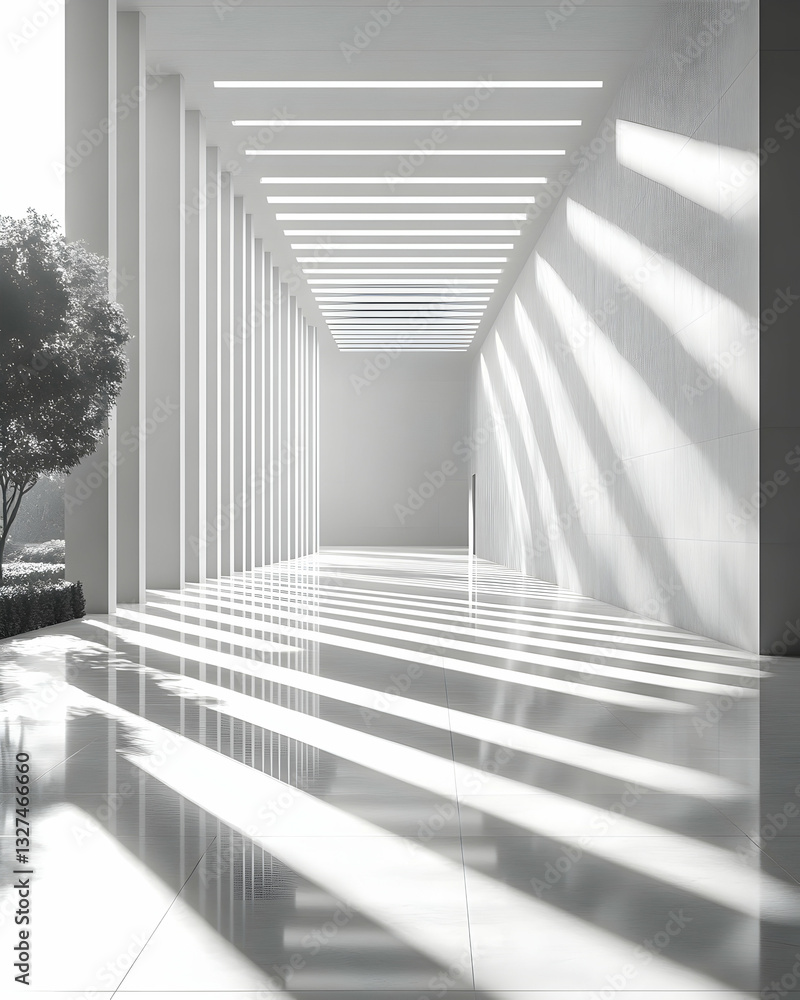 Poster sunlit minimalist hallway with sleek architecture, polished floors reflecting light and shadow patte