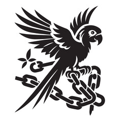 Majestic parrot in flight with outstretched wings, black and white tribal-inspired bird silhouette, exotic tropical wildlife illustration, nature-inspired avian artwork