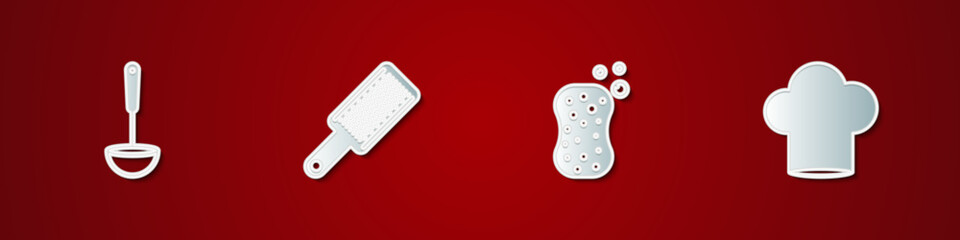 Set Kitchen ladle, Grater, Sponge with bubbles and Chef hat icon. Vector