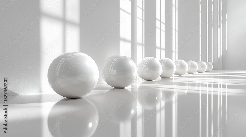Fototapete Row of white spheres in empty white room with bright sunlight shining through large windows, creating perspective and minimalist atmosphere. Ai generated
