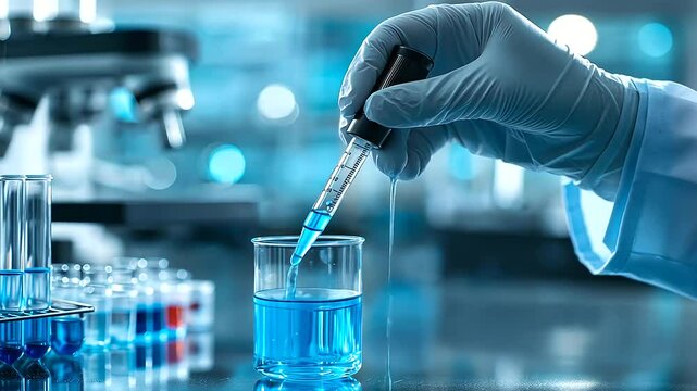 A gloved hand holds a pipette, releasing a delicate drop into a glass container of electric blue liquid, with sophisticated lab instruments and test tubes filled with colorful solu