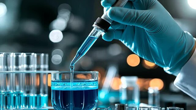 A gloved hand holds a pipette, releasing a delicate drop into a glass container of electric blue liquid, with sophisticated lab instruments and test tubes filled with colorful solu