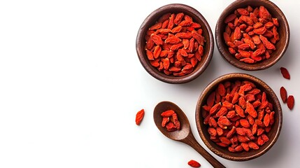 Fototapeta premium Bowls and spoon with dried goji berries on white