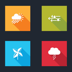Set Cloudy with rain and sun, Wind, Pinwheel and Storm icon. Vector