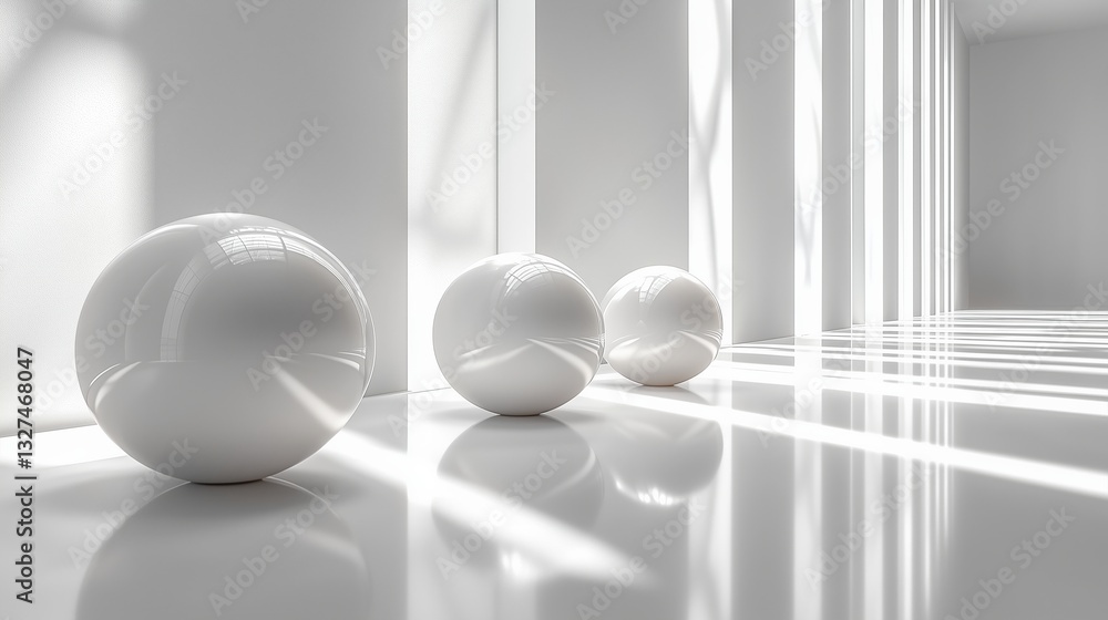 Aufkleber three white spheres are placed on a shiny floor in a modern white room with bright sunlight streamin