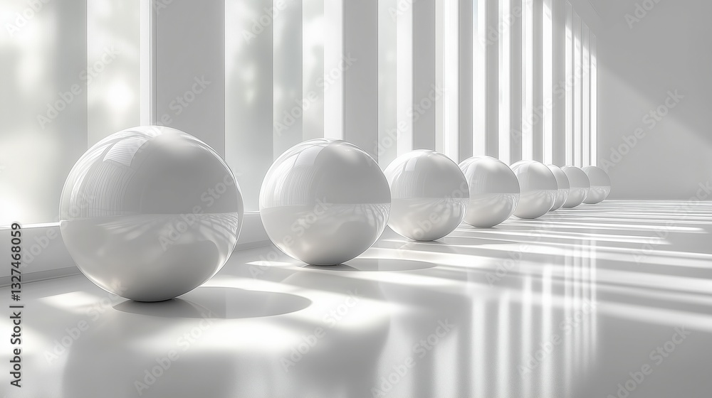 Fototapete white spheres are aligned in a bright white corridor with sunlight passing through large vertical wi