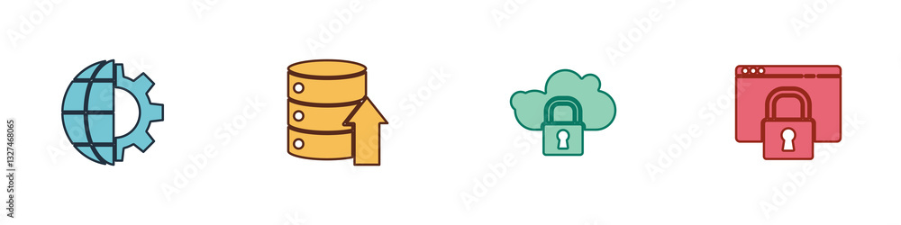 Poster set globe of the earth and gear, server, data, web hosting, cloud computing lock and secure your sit