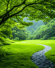 Naklejka premium Lush green pathway through a tranquil forest