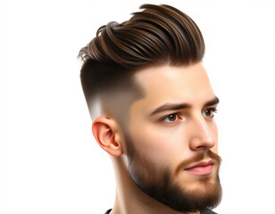 Fototapeta premium Modern Men’s Haircut Close-Up – Stylish Fade & Textured Top, Isolated Background