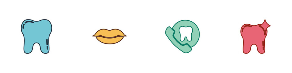 Set Tooth, Smiling lips, Online dental care and whitening icon. Vector