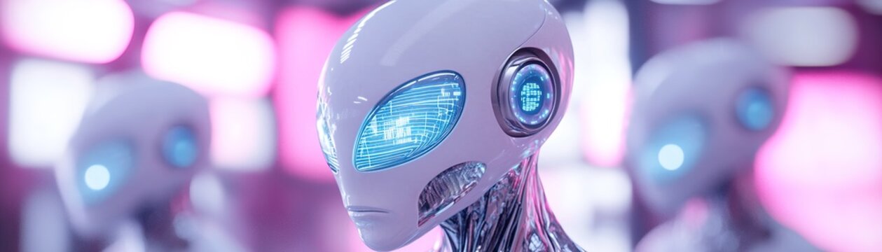 A sleek cybernetic alien with shiny metallic skin stands amidst a vibrant, high-tech city. Its eyes glow with intelligence as holographic data flows around it, showcasing a futuristic world