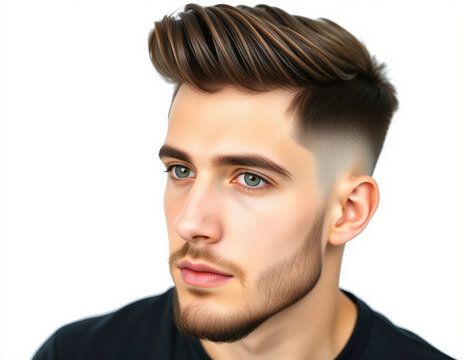 Modern Men&rsquo;s Haircut Close-Up &ndash; Stylish Fade & Textured Top, Isolated Background