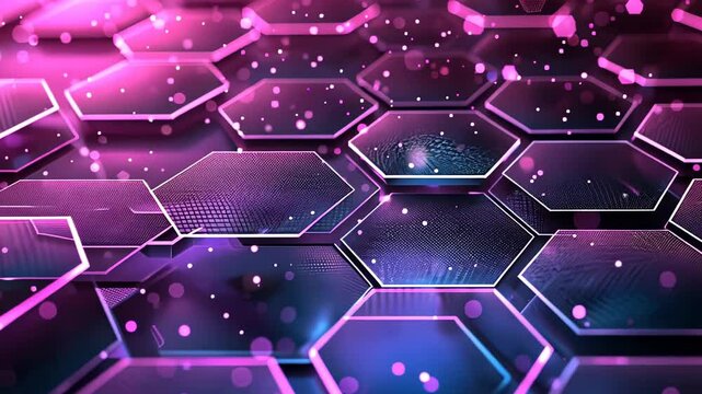 A vivid and futuristic pattern of hexagonal shapes glowing in shades of pink and purple, creating an energetic, dynamic visual.