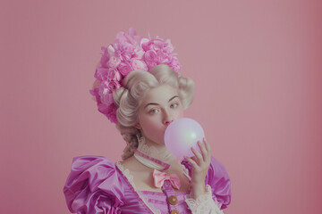 Fototapeta premium A girl blows bubble gum, dressed in exquisite baroque costumes, showcasing elegance and historic charm, with a pink background.