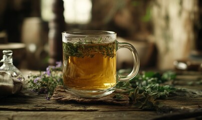 Fototapeta premium Glass mug of herbal tea on rustic wooden table with greenery.