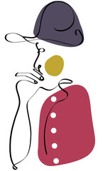 Man thinking line art is the beginning of a minimalist, one-line drawing that captures deep thought and reflection. Featuring black ink lines, a red t-shirt, and an ash cap