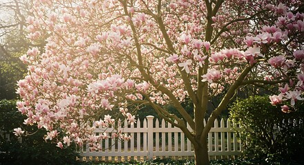 Blooming Magnolia Tree with Pink Flowers Against White Fence
