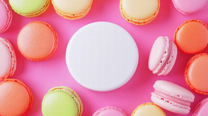 Obraz premium Minimalist white podium surrounded by colorful macarons on pink background