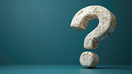 3D Render of a Stone Question Mark Symbol, Enigma Concept, Abstract Query, Intriguing Curiosity, Textured White and Beige,  Teal Background,  Mysterious Inquiry