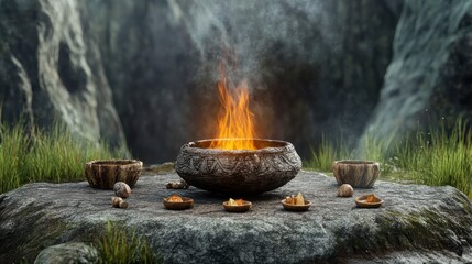 Fiery Bowl and Misty Mountains A Mystical Scene