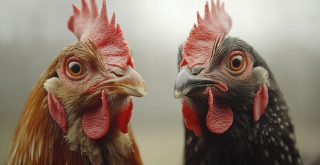 Fototapeta premium Close - up of the heads of two chickens, highlighting their distinct facial features like red combs and bright eyes, perfect for agricultural, poultry - related, or animal - themed materials.
