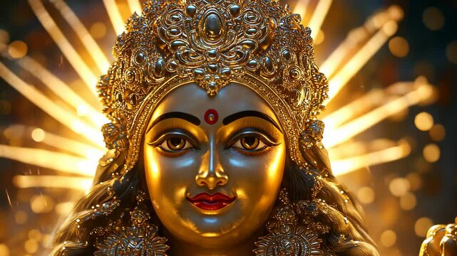 A beautifully crafted golden idol of Goddess Durga, glowing with divine energy and adorned with intricate jewelry and a radiant aura. . High quality 4k footage