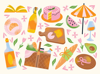 Picnic food and drinks with fruits, bread, and beverages. Flat vector illustration of picnic basket, cake, cheese board, and umbrella with decorative flowers and leaves. Summer picnic concept