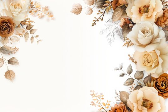 Elegant floral arrangement featuring soft beige and bronze roses with delicate leaves, ideal for wedding invitations, greeting cards, or decorative backgrounds, Suitable for various design projects,